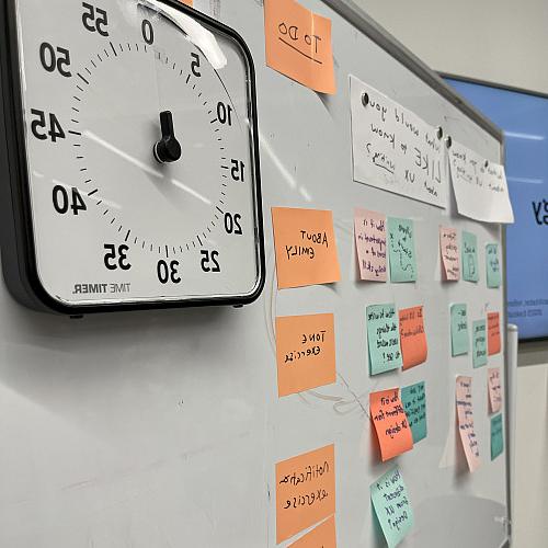 A whiteboard is covered with sticky notes and a timer.