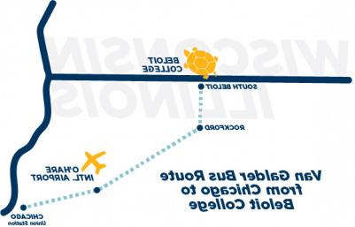 Map showing the Van Galder bus route from 芝加哥 和 O'Hare Airport to Beloit.