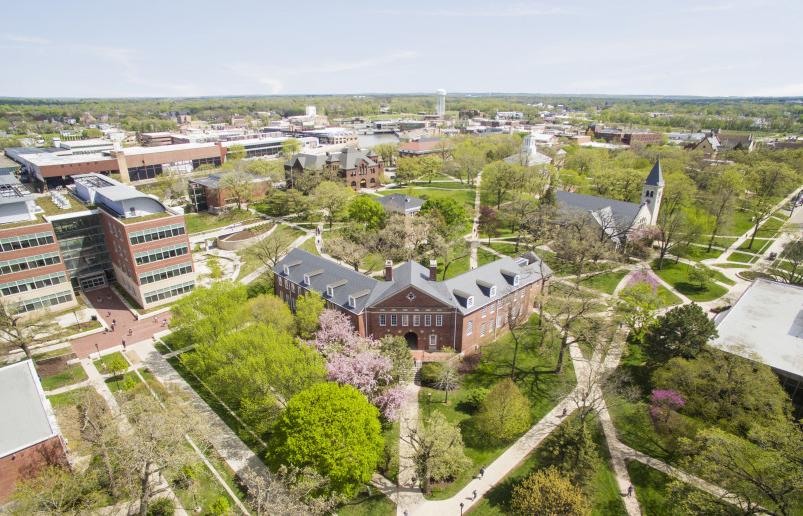 The aerial view of 十大菠菜台子 campus in spring.