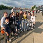Dance students, left to right: Grace Scott’22, Quynn Evans’23, Julia Newmark’25, Millie Engstrom’24, Emma Logas’25, Charline Davis-Alicea’22, Emily O’Brien’22, Kelli Badgley’22, and Mateo Marek’24 in Berlin seeing the city
