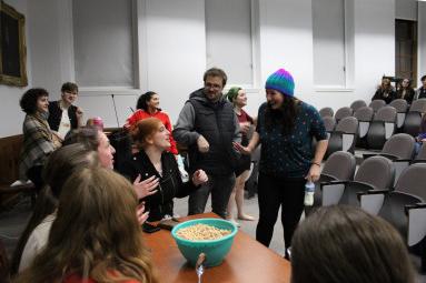 Students prepare for a late night Kids Eat Free improv show.